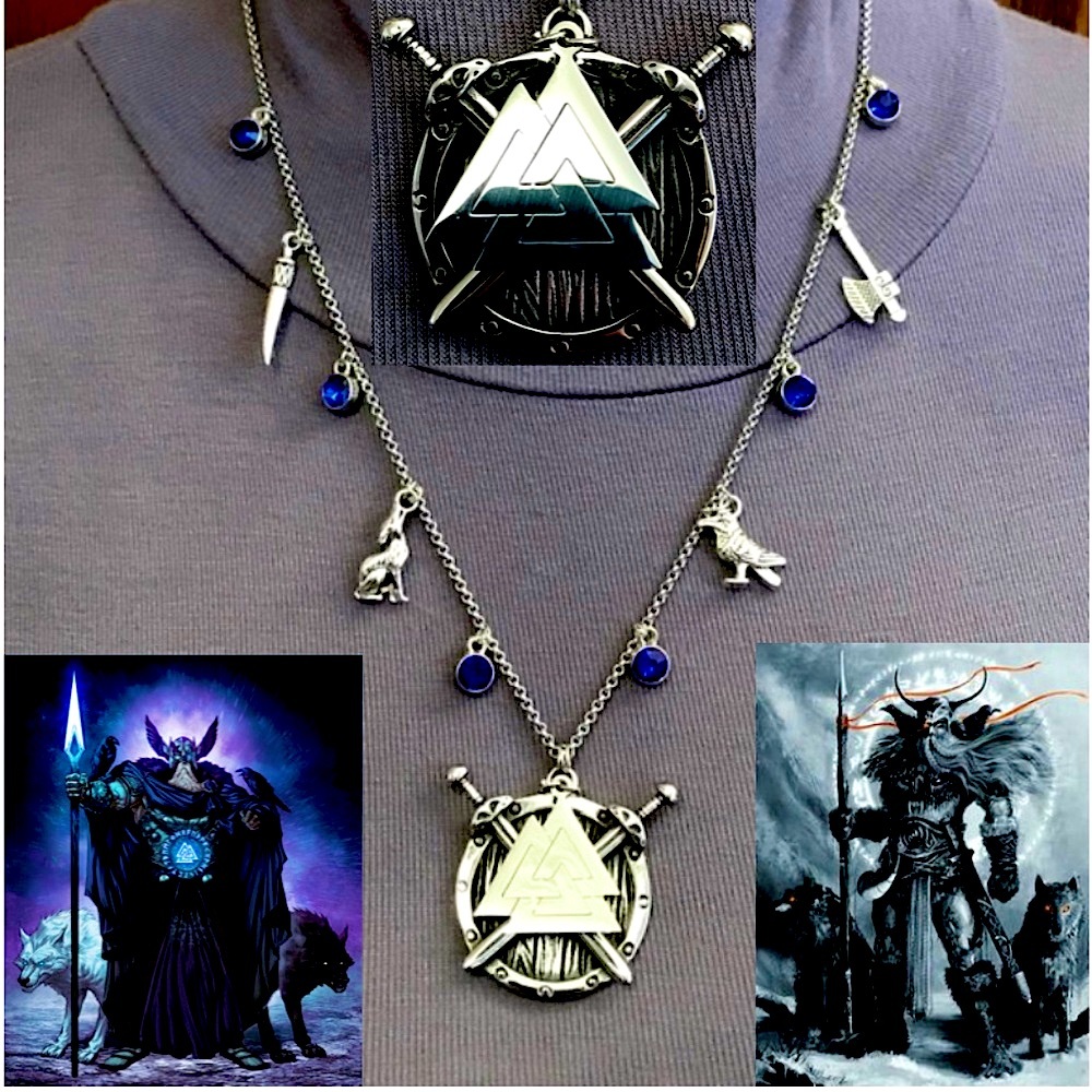 "Odin Allfather of Valhalla" Norse Mythology Handmade Necklace, Valknut Axe Wolf